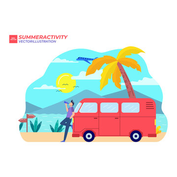 Summer vacation surf bus sunset tropical beach retro surfing vintage melody greeting card horizontal template poster flat vector illustration