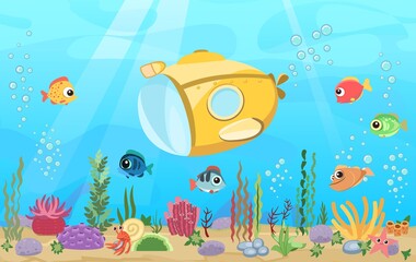 Fototapeta na wymiar Bottom of reservoir with fish. Yellow Submarine. Blue water. Sea ocean. Underwater landscape with animals, plants, algae and corals. Illustration in cartoon style. Vector art