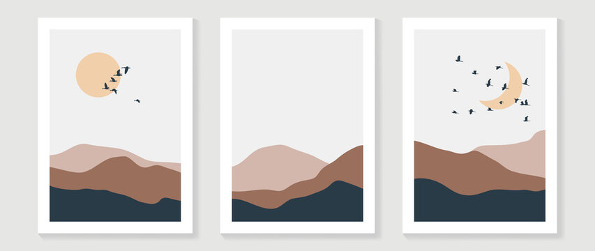 Mountain background wall art vector set. Sunrise and sunset with fog in mountains.  Earth tones landscapes abstract arts wallpaper design for wall framed prints, canvas prints, poster and home decor.