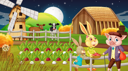 Farm at night scene with rabbit family and a pig cartoon character