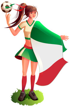 Woman fan soccer player in sports uniform hold italian flag and soccer ball