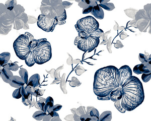 Blue Botanical Set. Navy Orchid Illustration. Gray Hibiscus Backdrop. Flower Backdrop. Watercolor Foliage. Seamless Foliage. Pattern Foliage. Tropical Texture.