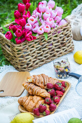 Outdoors picnic in a lush green park with a tasty croissant, fruits, donuts and wine on grass. Summer picnic on the blanket.