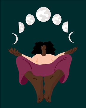 Women with open hands towards the sky. In between her Hands there shines the Moon cycle