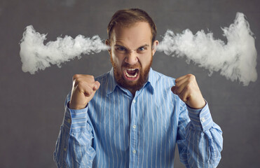 Angry crazy tired bad tempered young office manager or business man feeling pissed off loses...