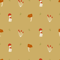 Autumn seamless pattern with mushrooms. Modern fall seasonal decor. Endless background in childish style for fabric, textile, kids design.