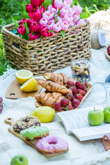 Outdoors picnic in a lush green park with a tasty croissant, fruits, donuts and wine on grass. Summer picnic on the blanket.