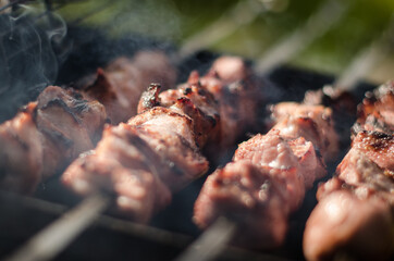 Making barbecue shashlik on wooden coal grill