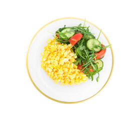 Tasty scrambled eggs with garnish on white background, top view