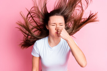 Photo of funky funny woman with flying hair diving in water hold breath cover nose with hand...