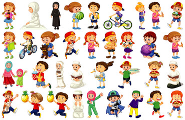 Children doing different activities cartoon character set on white background