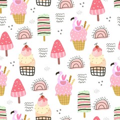summer seamless pattern with cartoon ice cream, decor elements. colorful vector for kids, hand drawing flat style. baby design for fabric, print, textile, wrapper