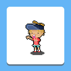Pixel art cartoon cute kid character eating lolipop.