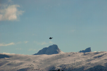 F 16 fighter in the airspace over Bodø city, Norway.