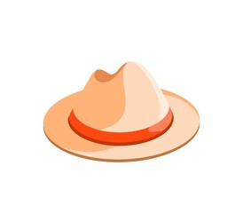 Vector illustration of summer beige sunhat with red ribbon isolated on white background. Fedora, straw hat, bonnet, beach hat. Flat design icon