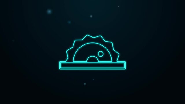 Glowing neon line Electric circular saw with steel toothed disc icon isolated on black background. Electric hand tool for cutting wood or metal. 4K Video motion graphic animation