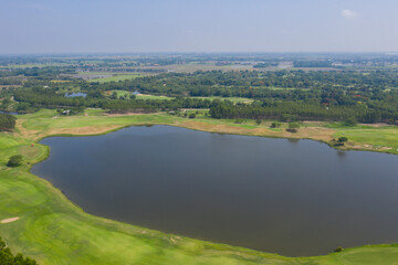 Aerial view from flying drone of Fish pond, fish farm