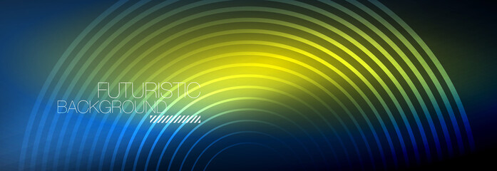 Dark abstract background with glowing neon circles. Trendy layout template for business or technology presentation, internet poster or web brochure cover, wallpaper