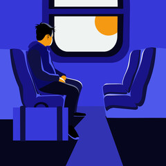 A young guy with a suitcase sits in a train car and looks out the window. Vector illustration.