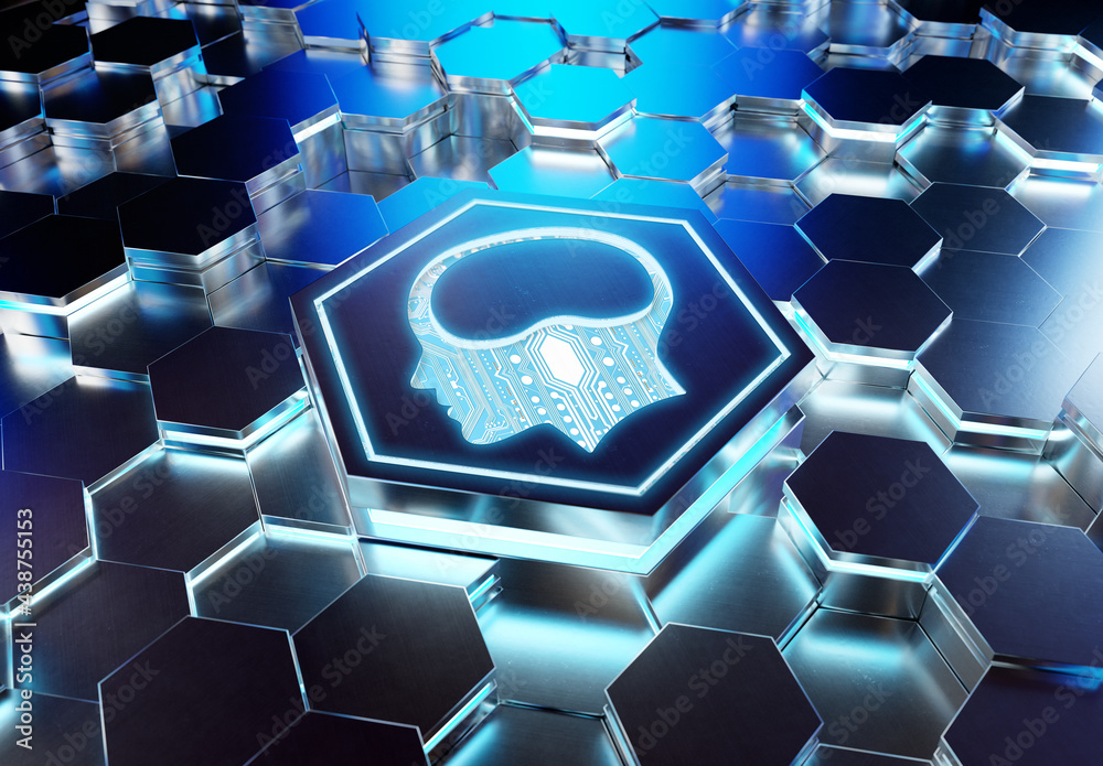 Fototapete Brain icon concept engraved on metal hexagonal pedestral background. Artificial intelligence symbol glowing on abstract digital surface. 3d rendering