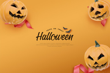 Halloween party background with pumpkins 3d and red ribbon
