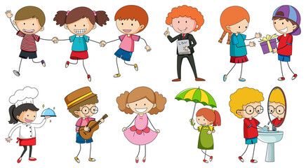 Obraz na płótnie Canvas Set of different doodle kids cartoon character