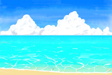 Fototapeta na wymiar 水彩風　夏のエメラルドグリーンの海と砂浜、空と入道雲