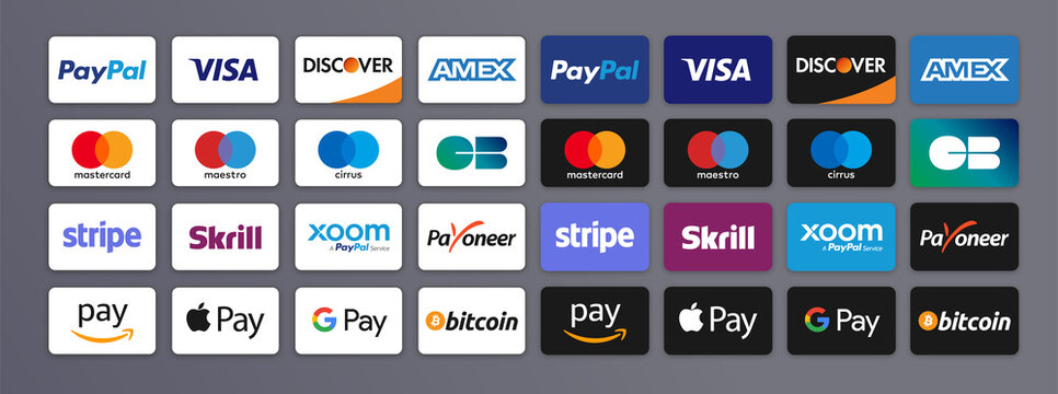 Online payment methods systems buttons collection, card company icons, logo signs : Paypal, Visa, Mastercard, Bitcoin, Amazon Pay, Apple Pay, Google Pay, Skrill, Stripe ... E-commerce payments. Vector