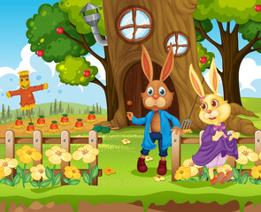 Garden scene with rabbit family cartoon character