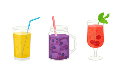 Fresh Refreshing Summer Cocktails with Ice Cubes and Sliced Fruits and Berries in Glass and Jar with Straw Vector Set