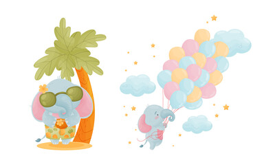 Cute Blue Elephant Character Standing Under Palm Tree and Flying with Balloon Bunch Vector Set
