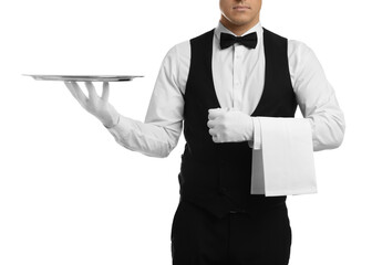 Elegant butler holding silver tray isolated on white, closeup