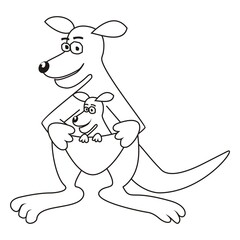 Adult kangaroo with animal cub in his pocket, funny vector illustration, coloring book	