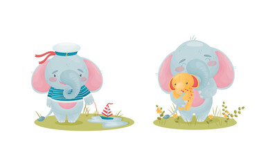 Cute Blue Elephant Character Holding Fluffy Toy and Wearing Sailor Hat Vector Set