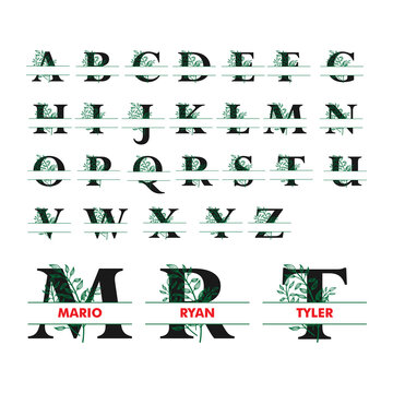 Monogram split letter alphabet with floral illustration