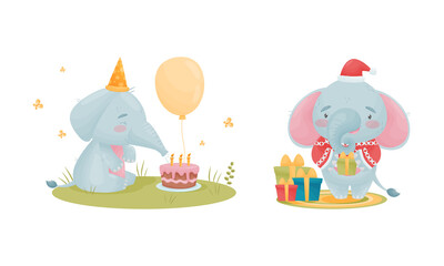 Cute Blue Elephant Character Holding Gift Box and Blowing Candles on Birthday Cake Vector Set