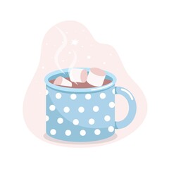Mug with cocoa and marshmallows, blue mug in white polka dots, vector flat illustration, isolated, cartoon.