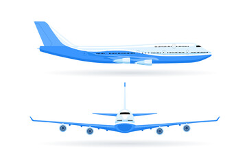 Airplane in white and blue. 2 views, straight and side. Vector flat illustration isolated on white background.