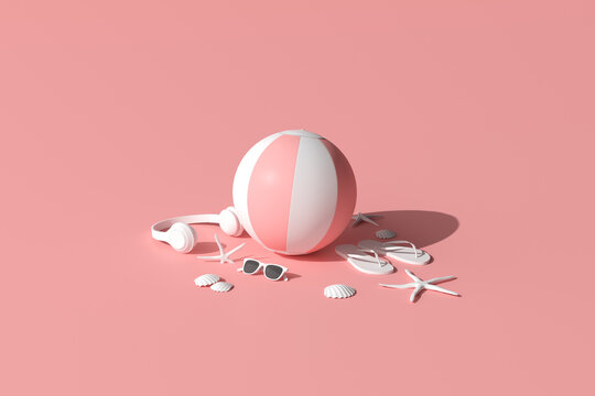Mock up of pink summer beach concept. Summer accessories, headphone, sunglasses, starfish, shell, inflatable ball and flip-flop on pink background. 3D rendering.
