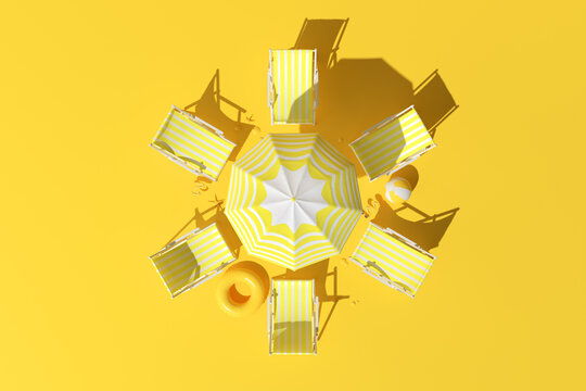 Top view of yellow umbrella around with beach chairs, Summer seasonal concept. 3D rendering.