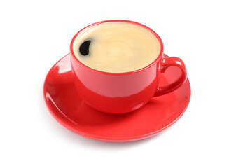 Aromatic coffee in red cup on white background