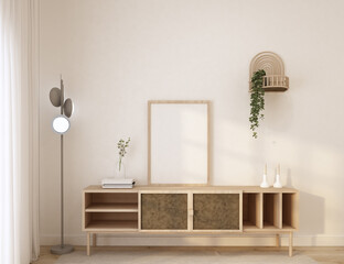 3d rendering home interior livingroom with rattan cabinet,rattan palnt wall shelf,frame wood,floor lamp,book