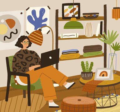 Young person using laptop, sitting in armchair in cozy living room at home. Happy relaxed woman working and studying indoors in modern interior. Colored flat vector illustration of female freelancer