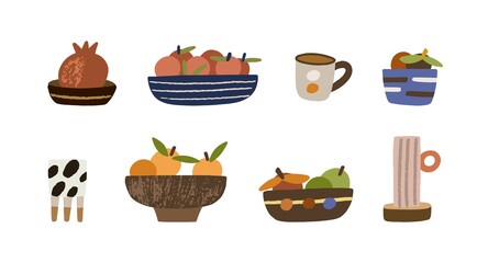 Set of handmade bowls with fruits, plates, pots, cups and mugs. Cute pottery of different sizes and shapes for cozy interior decoration. Flat vector illustration of home decor isolated on white