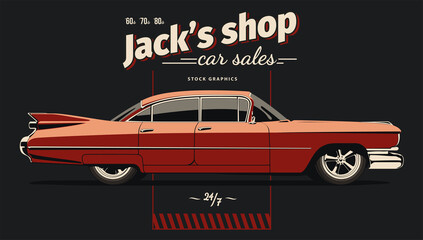 Classic car graphically, vector illustration. View from side with perspective.