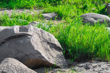 Obraz premium Natural landscape background with large gray stones boulders and bright green grass on sandy soil with a blank space for text. Background for postcards, puzzles, or notebook covers.