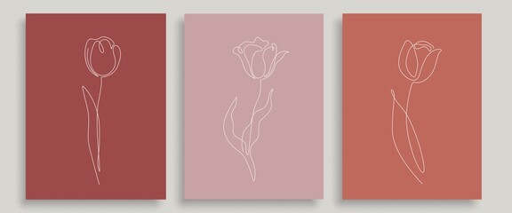 Abstract Flowers Line Art Prints Set. Modern Minimalist Single Line Art, Flowers, Aesthetic Contour. Great for Poster, Prints, t-shirt, Wall Art, Logo, Banner. Set of 3 Creative Minimalist Prints.