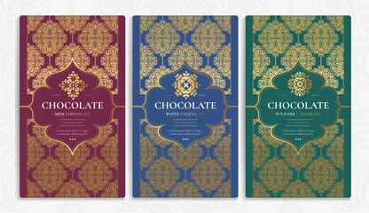 Red, blue and green luxury packaging design of chocolate bars. Vintage vector ornament template. Elegant, classic golden elements. Great for food, drink and other package types. 