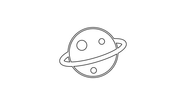 Black line Planet Saturn with planetary ring system icon isolated on white background. 4K Video motion graphic animation