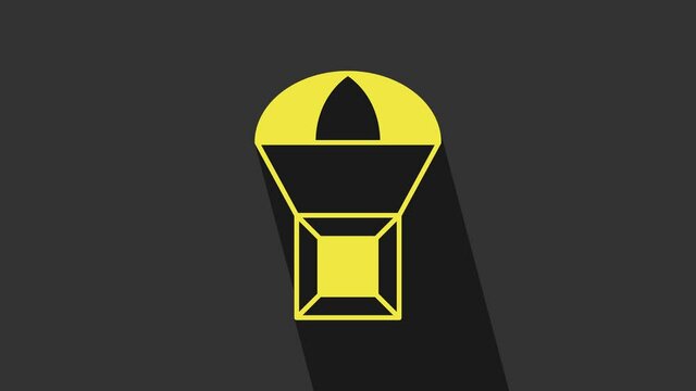 Yellow Box flying on parachute icon isolated on grey background. Parcel with parachute for shipping. Delivery service, air shipping. 4K Video motion graphic animation